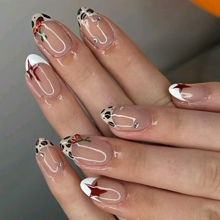 30 Pieces of Wearable Almond Nails, Leopard Print French Manicure Nails, Wearable Cross-Border Diamond Star Nail Stickers