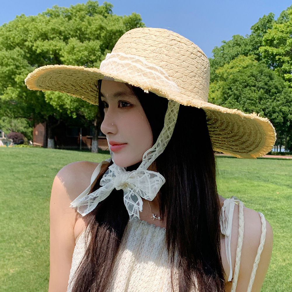 Sombrero de paja con lazo – estilo veraniego, ala ancha, para playa o vacaciones al aire libre