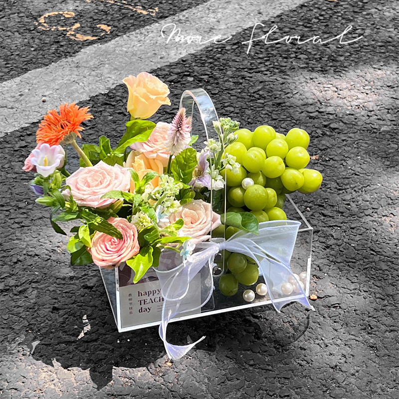 Caja de flores de acrílico transparente rectangular redondo canasta de flores acrílico caja de regalo floral caja de regalo de mano