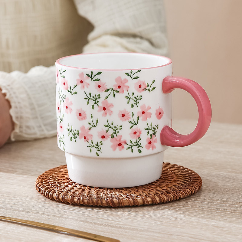 Original Japanese-style floral ceramic stackable cups, Instagram-inspired underglaze-painted afternoon tea & coffee mugs—wholesale available