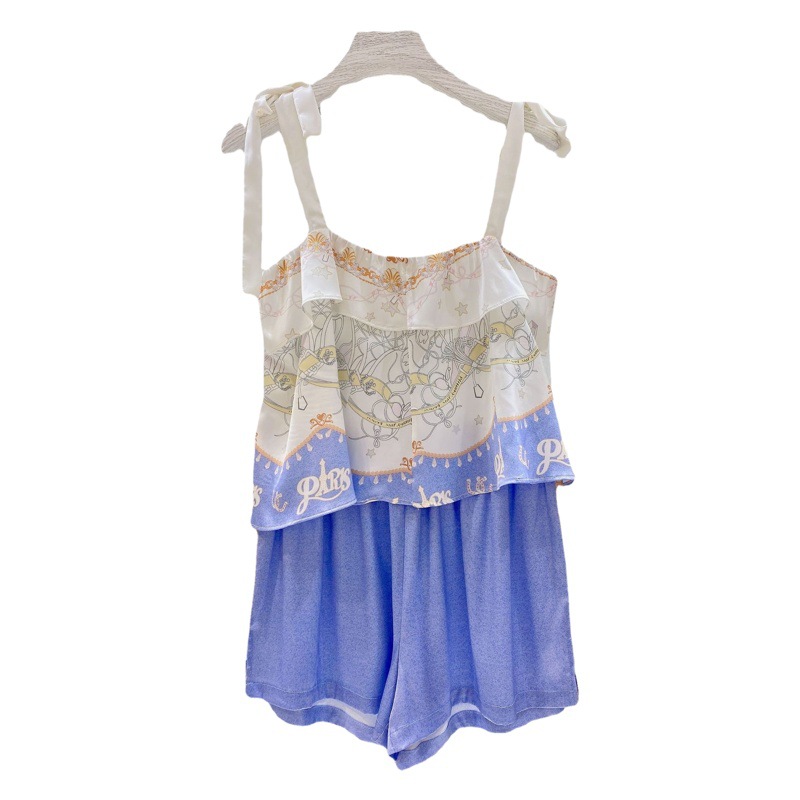 2023 pijamas de las mujeres de verano Delgado dulce suspender shorts de dos piezas conjunto se puede usar fuera de seda artificial sexy homewear traje