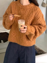 圆领毛衣女秋冬复古粗线慵懒风加厚高级感麻花宽松针织衫短款上衣|undefined