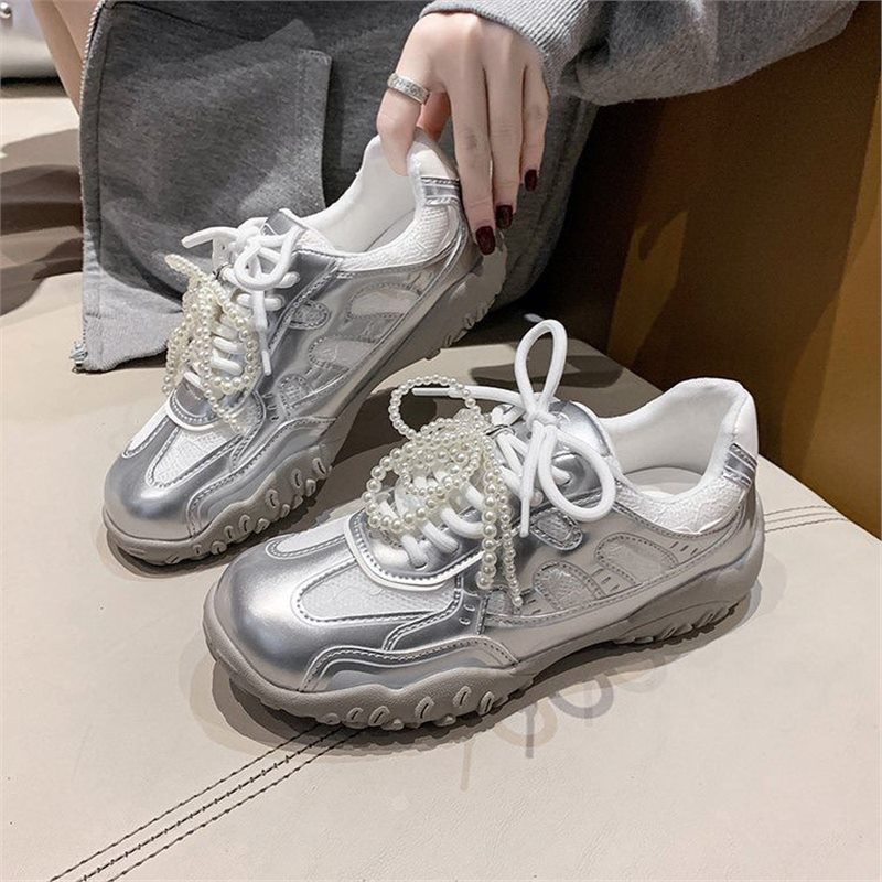 银色珍珠德训厚底鞋女2025春夏新款蕾丝休闲阿甘鞋网面运动鞋