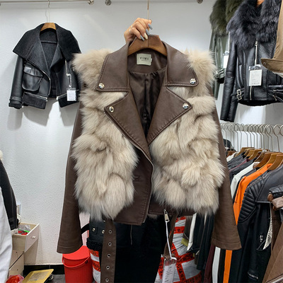 冬季新款短款真狐狸毛马甲背心两件套pu机车服皮衣外套女现货批发|ms