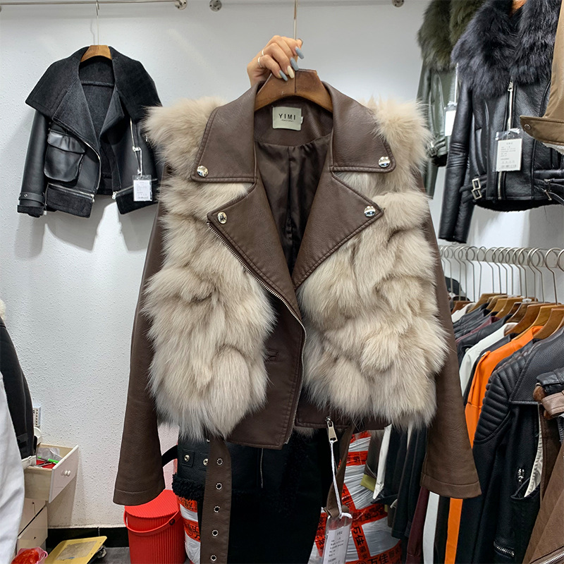 冬季新款短款真狐狸毛马甲背心两件套pu机车服皮衣外套女现货批发|ms