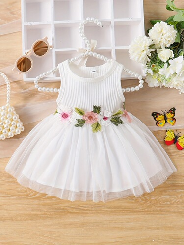 INS Baby and Toddler Girls Summer Sleeveless Waist Embellished with Flowers and Mesh Sweet Dress Trendy