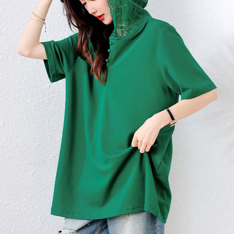 Avocado Green Casual Hooded Lace Short-Sleeved Shirt for Women Summer New Loose Top Plus Size Women's Clothing