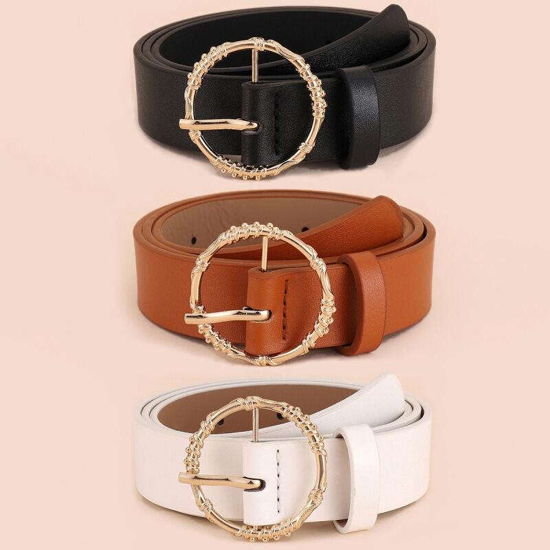 Versatile European and American Cross-Border Women's Round Buckle Pu Belt, Fashionable and Simple Girls' Dress and Jeans Decorative Belt
