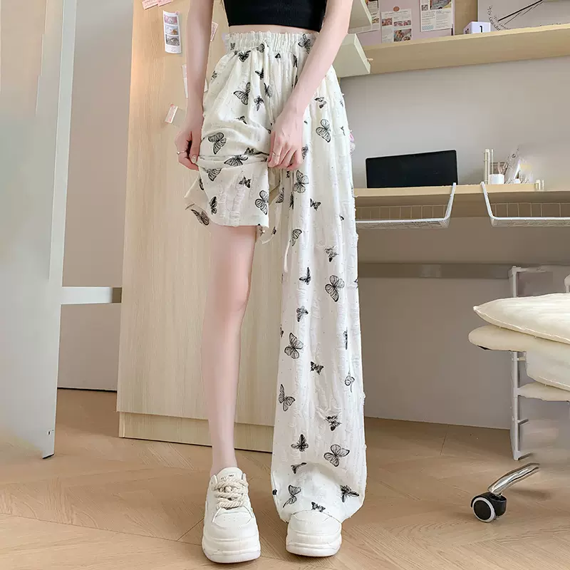 H288冰丝阔腿裤女夏季高腰垂感休闲慵懒小个子蝴蝶印花破洞直筒裤