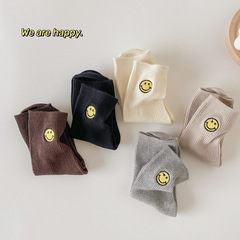2024 New Children's Socks Korean Version Instagram Trendy Socks Solid Color Smiling Rabbit Fleece Double Embroidered Socks for Autumn and Winter Mid-Calf Socks