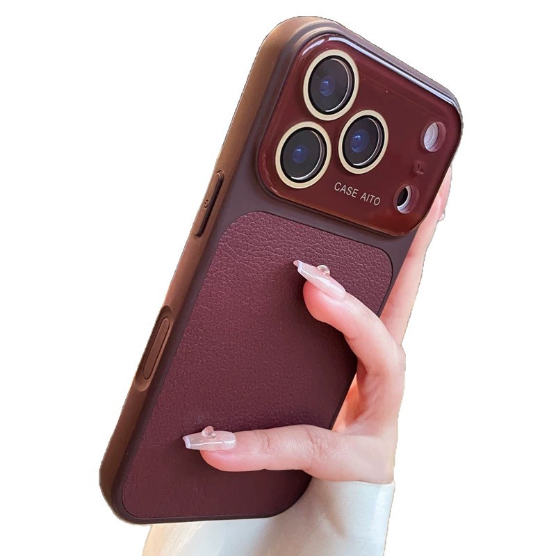 Aplicable a iPhone17 PRO lente gran ventana litchi estriado de piel de teléfono móvil 15 de negocio litchi estriado de manzana