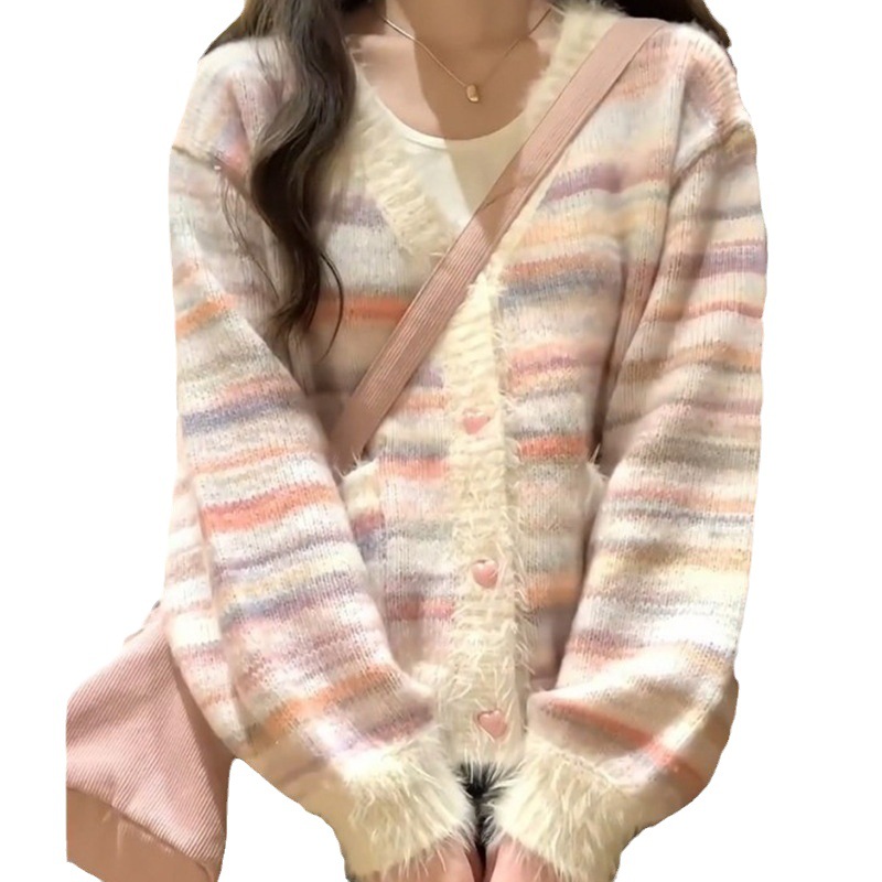 2023 otoño e invierno nuevo estilo de leche suelta estilo perezoso suéter abrigo Chanel estilo Arco Iris rayas suéter cardigan para las mujeres