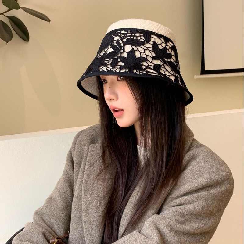 2025新款蕾丝盆帽复古风秋冬百搭户外女防风休闲显脸小时尚保暖帽|undefined