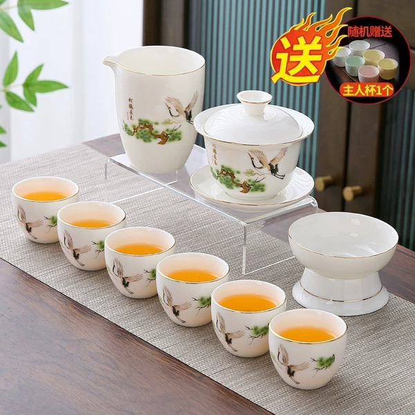 Set of 10 pieces of mutton fat jade (pine crane prolongs life) gold drawing
