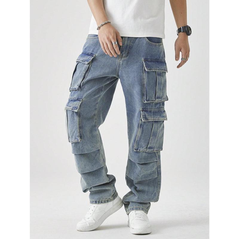 跨境Men's Casual Washed Straight Leg Cargo Jeans Menswear|undefined