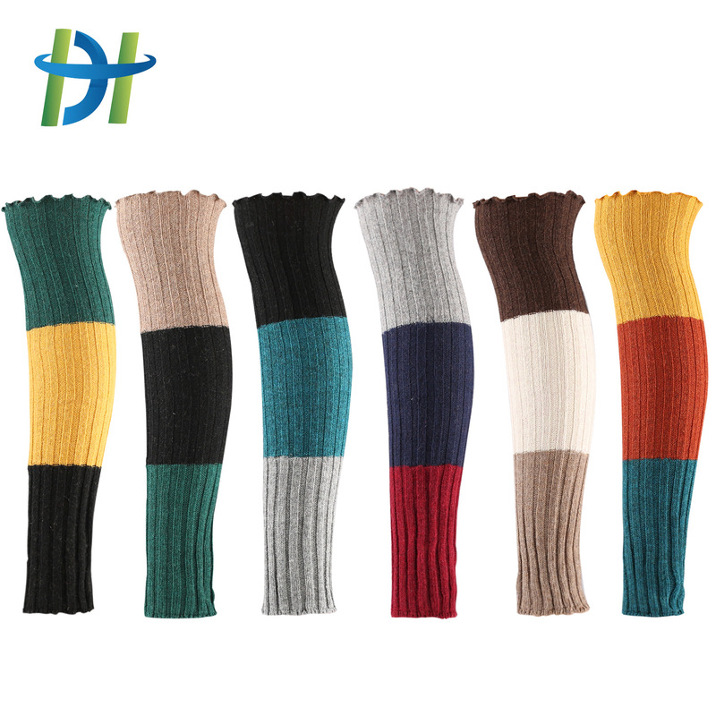 Japanese and Korean Autumn and Winter Knitted Wool Socks, Three-Color Spliced Cashmere Warm Slouch Socks, Women's Long Over-The-Knee Socks, Versatile