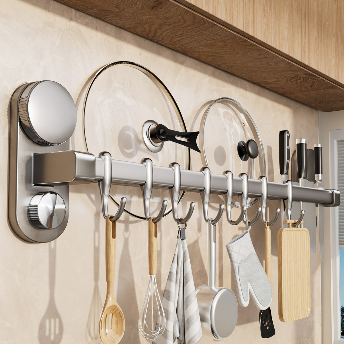 Suction Cup Kitchen Hook, No-Drill Telescopic Hanging Rod, Pot Spoon Spatula Holder, Multifunctional Knife Rack, Wall-Mounted Storage Rack