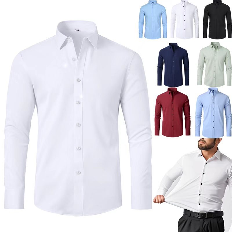 Cross-Border Hot-Selling Four-Way Stretch Non-Iron Men's Long-Sleeve Shirt, European Size Men's Shirt, Men's Drapey Formal Wear, Popular Item