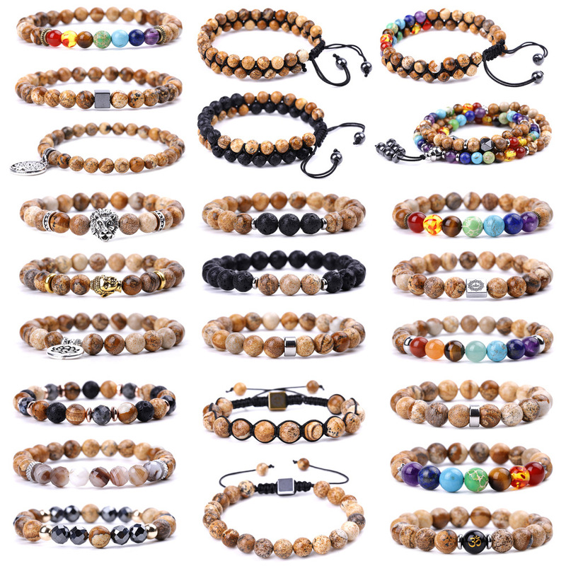 Picture Stone Bracelet 108 Colorful Yoga Stone Woven Bracelet Europe and America Amazon Cross-border Couple Jewelry