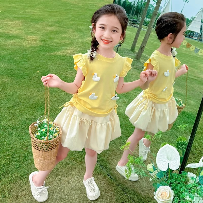 女童套装20242026新款洋气时髦女宝宝夏装儿童小飞袖花苞裙两件套