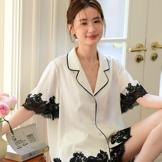 睡衣女夏季新款短袖短裤套装高级感冰丝印花宽松薄款家居服可出门