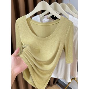 Large Round Neck Thin Mid-Sleeve T-Shirt for Women Summer 2025 New Ice Silk Knitted Short-Sleeved Low-Cut Inner Layering Shirt for Women