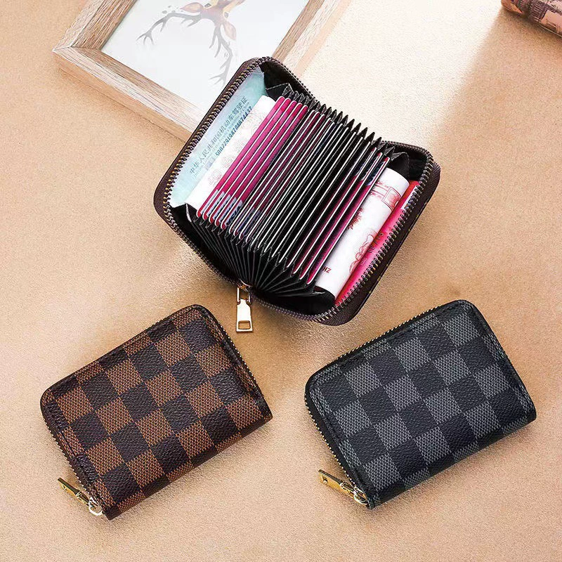Zipped Card Holder Wallet, Compact Capacious Organizer, Brown Grid / Blue Plaid, 6×3.5×7.5 cm