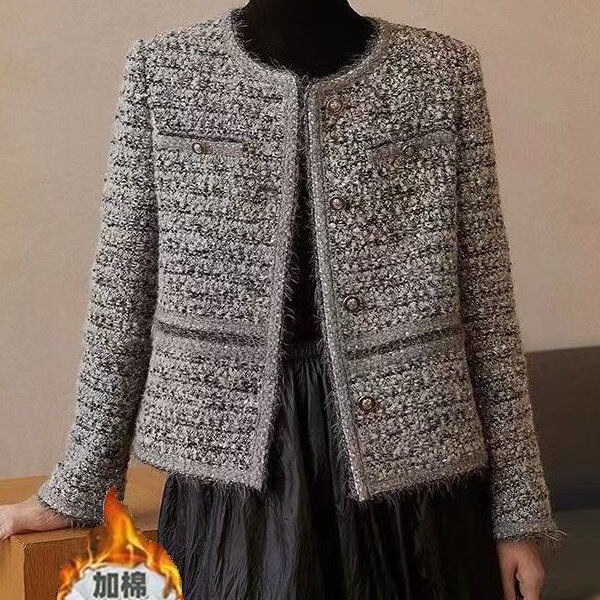 High-End Accessible Luxury Gray Small Fragrance Jacket for Women Spring & Fall 2026 New Thickeneded Tweed Short Cardigan Top