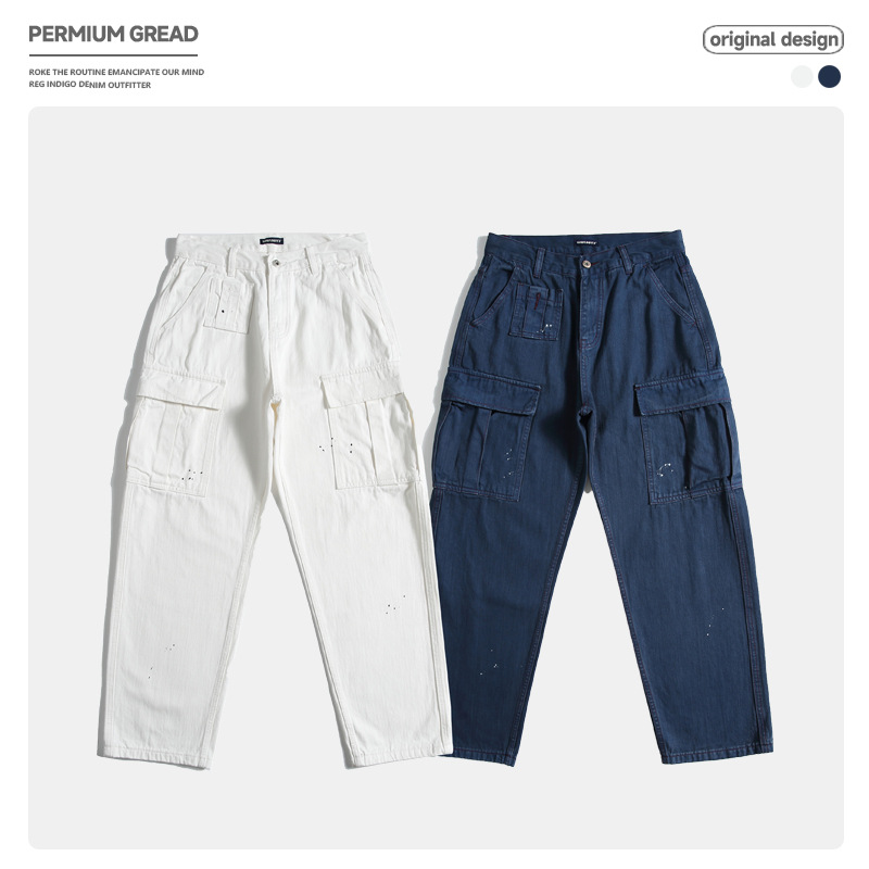 Original Trendy Brand Heavy Washed Bamboo Cotton Multi-Pocket Spray-Painted Cargo Pants for Men, Autumn and Winter Versatile Loose Casual Long Pants