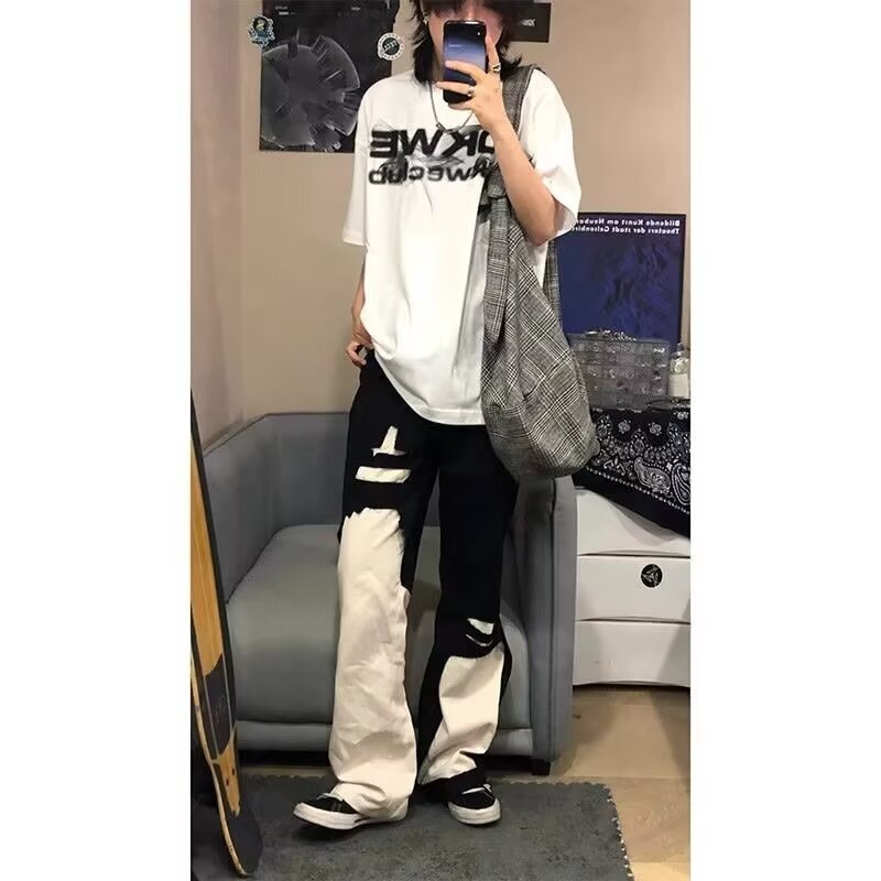 American Retro Hip Hop Trendy Black and White Color Matching Tear Effect Layer Wastage Ten Wind Ripped Straight Jeans