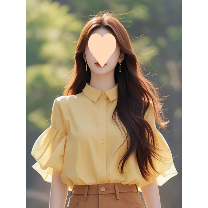 French high-end yellow lapel shirt women's summer design unique beautiful small shirt chic age-reducing half-sleeve top