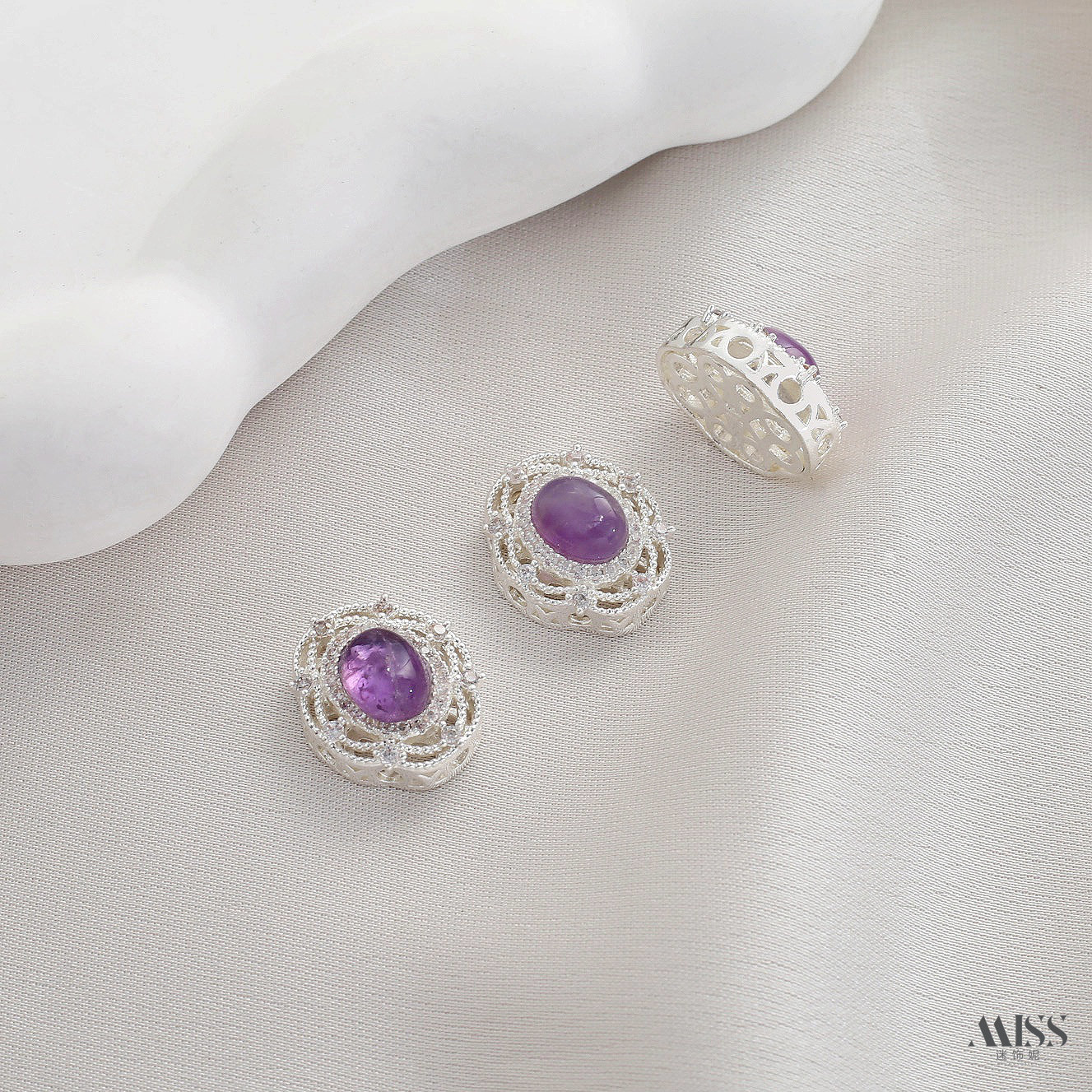 Inlaid with natural amethyst, plated with real gold and thick silver, angel and osmanthus drop-shaped decorative bead pendant DIY jewelry accessories