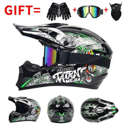 Motorcycle Safety Supplies — Go-Kart Downhill Bicycle Helmets - bright-black-and-green-motorcycle-exclusively-for-foreign-trade-including-three-piece-gift-set-s-55-56-head-circumference