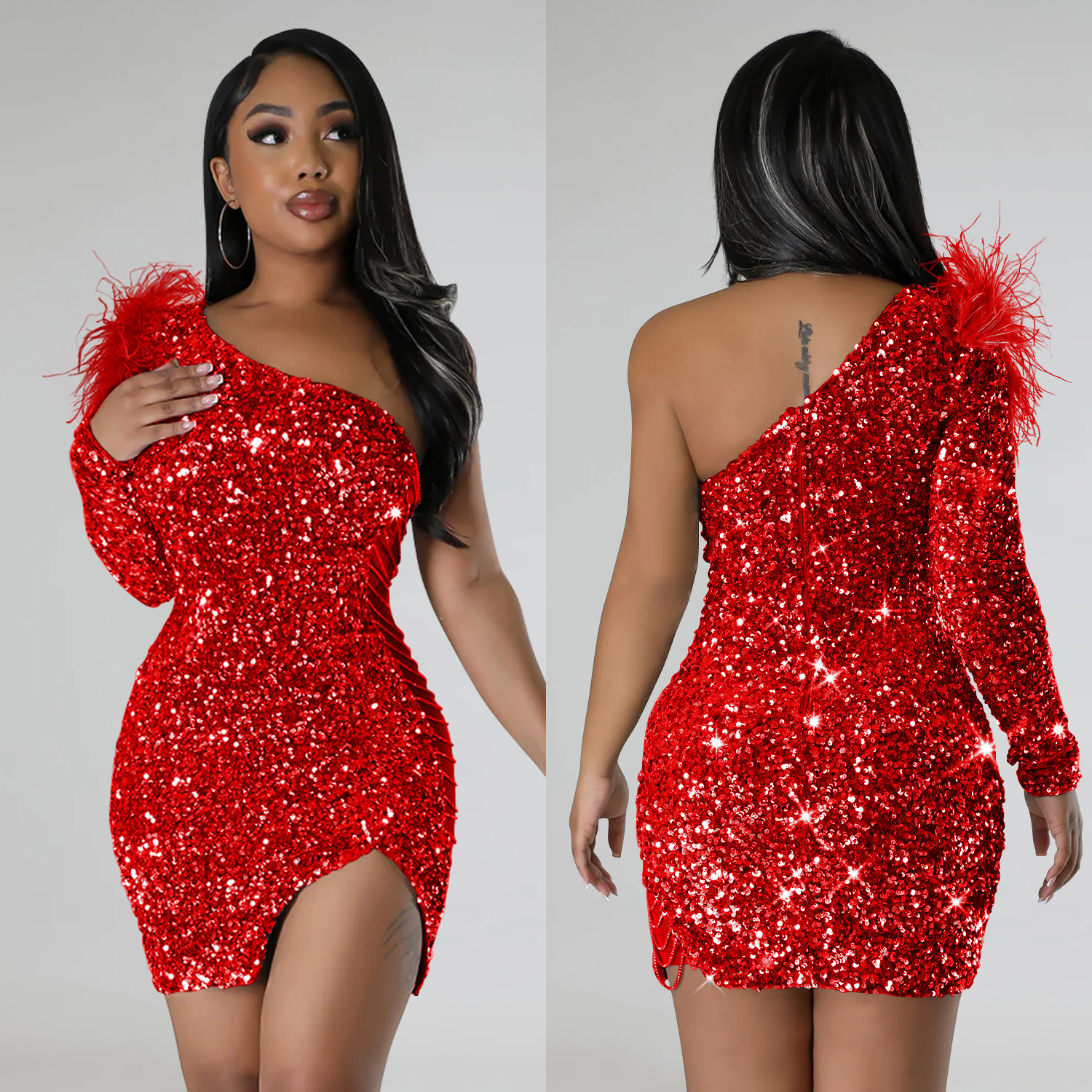 C6719 transfronterizo AliExpress Amazon moda europea y americana de las mujeres sexy de un solo hombro con lentejuelas vestido de cadera dividida image 5