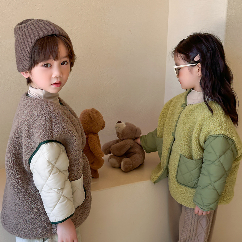 Children's granular plush warm for boys girls Korean version baby 2023 new autumn and winter cotton jacket_voghion.com