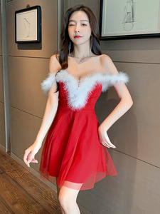 Southeast Asian sexy deep V Christmas plush patchwork mesh large hem dress