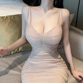 法式纯欲网纱连衣裙女修身性感吊带褶皱包臀短裙子