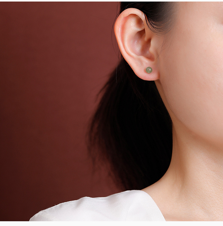 Bông tai bạc S925 đính ngọc Hetian tự nhiên hạt tròn đơn giản — cặp mô hình 8 mm chi tiết 6