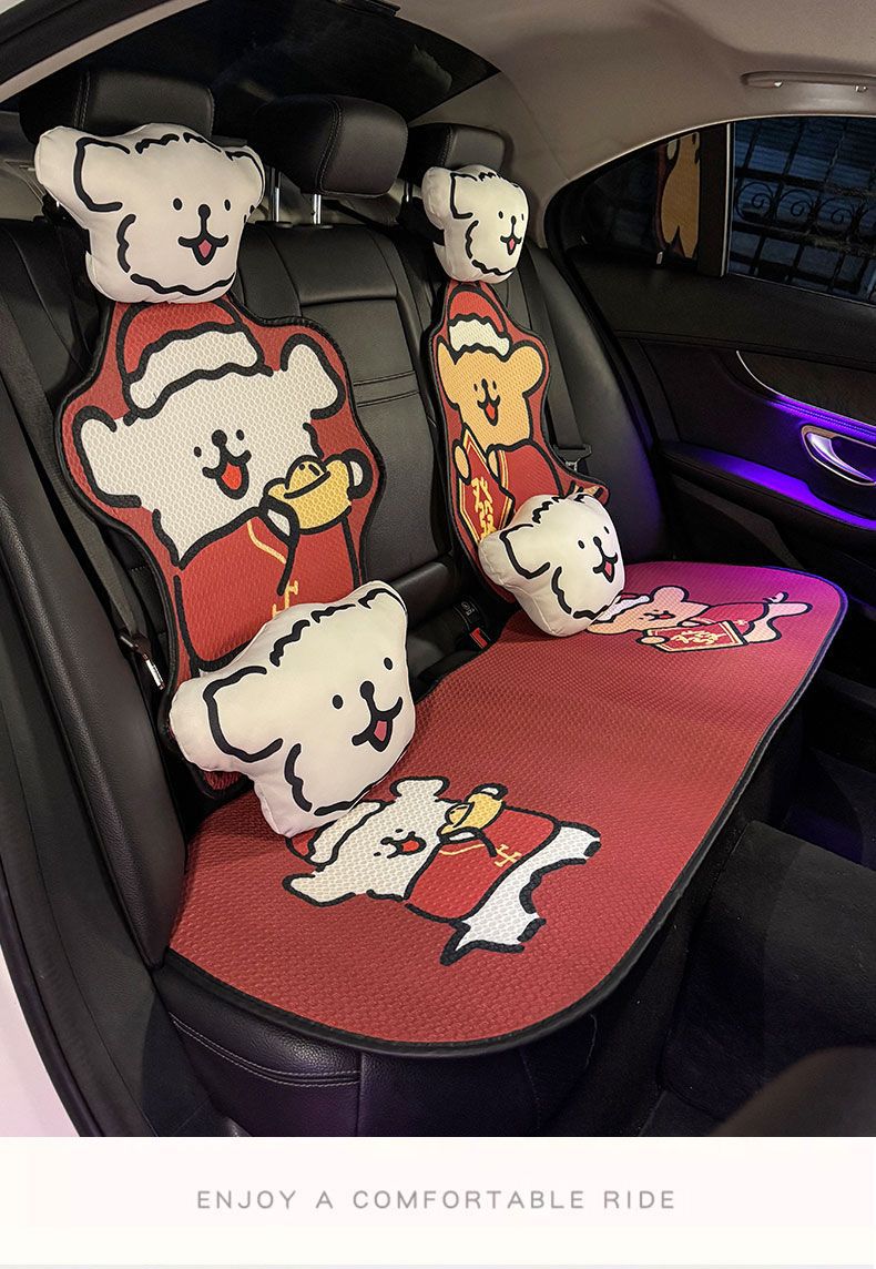 Car Seat Cushion for All Seasons, Cartoon Cute Half-Pack Black and White Line Puppy, Ice Silk Car Cushion for All Seasons