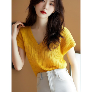 Fashionable and Stylish Yellow White-Collar Knitted Short-Sleeved Summer New Loose Casual Commuting Versatile Tops for Women