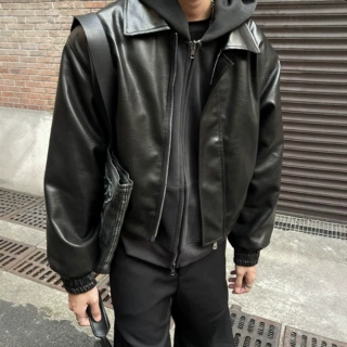 美式cleanfit潮流短款垫肩夹克男春秋季新款宽松复古皮衣外套上衣