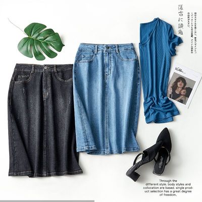 厂家直供春夏两色复古牛仔小A型后开衩中高腰牛仔半身裙女