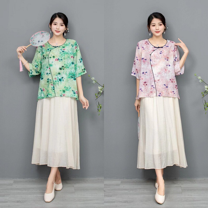 2025 Ethnic Style Summer New Suit Tencel Cotton Printed Round Neck Mid-Sleeve + Pure Color Skirt Literary Casual Set