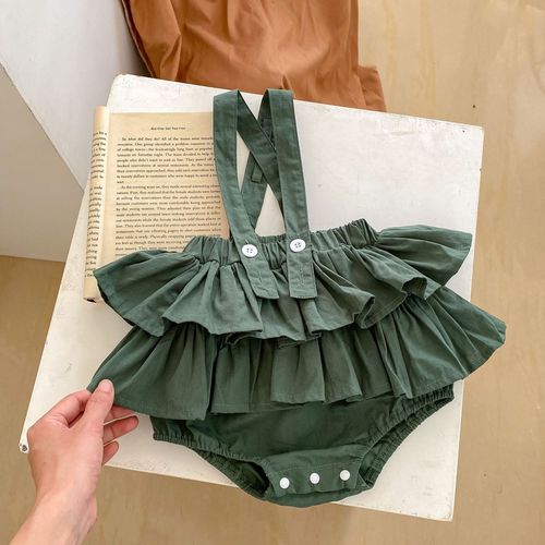  Autumn Clothes for Infants and Children 0-3 Years Old Baby Girl Green Suspenders + Floral Long Sleeve Fungus Collar 2-piece Set