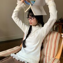 秋冬新款半高领长袖T恤女设计感韩版修身蕾丝拼接独特别致上衣潮