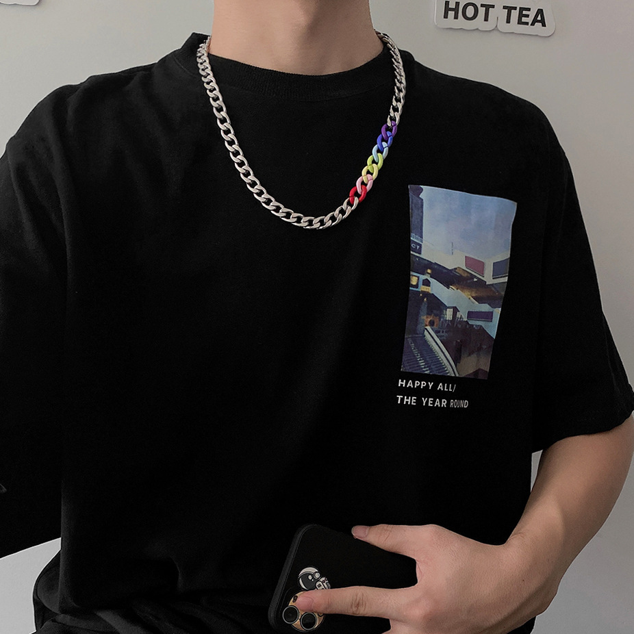 fashion simple geometric hollow chain colorful stitching titanium steel necklace