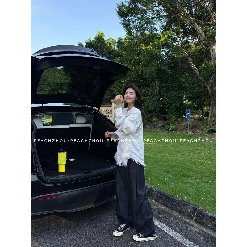3697# 『PEACHZHOU』莱赛尔棉麻侧缝捏褶丹宁宽松阔腿牛仔长裤|undefined