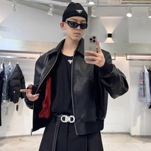 ins嘻哈美式复古短款pu皮翻领皮衣夹克男 秋季宽松痞帅机车服外套