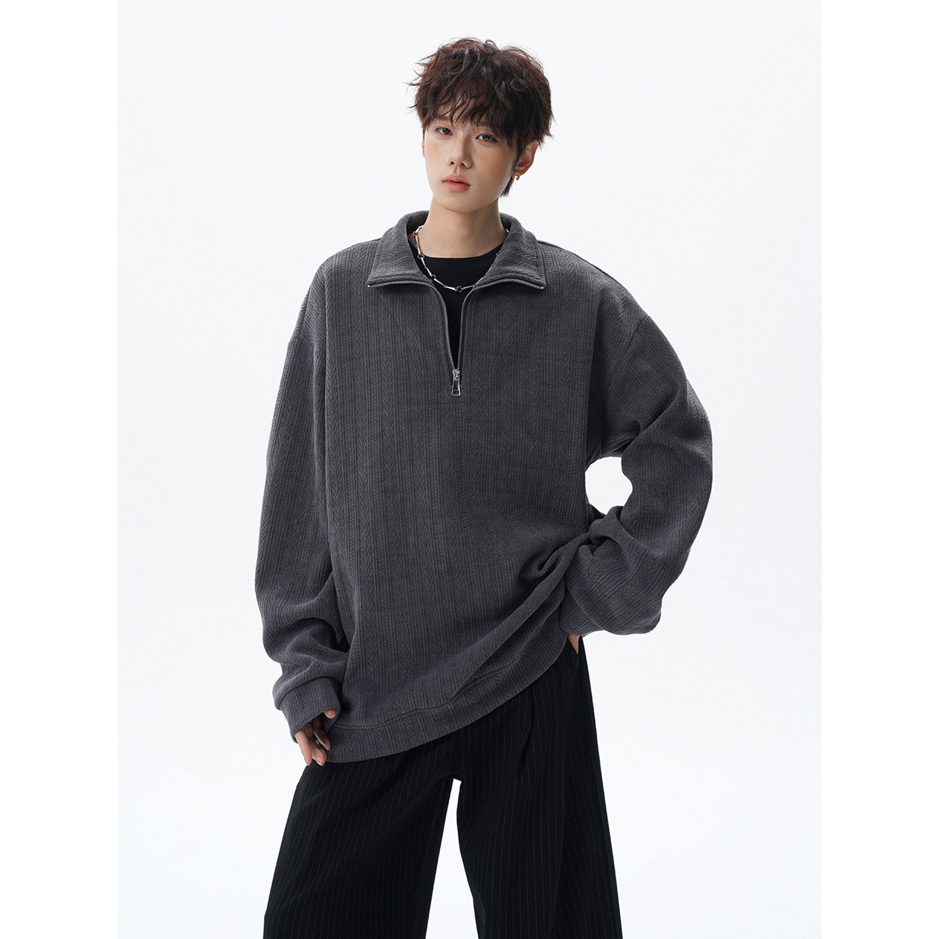 American-style retro wheat-ear pattern half-zip stand-up collar sweatshirt, men's new autumn collection, oversized, versatile casual top, trendy