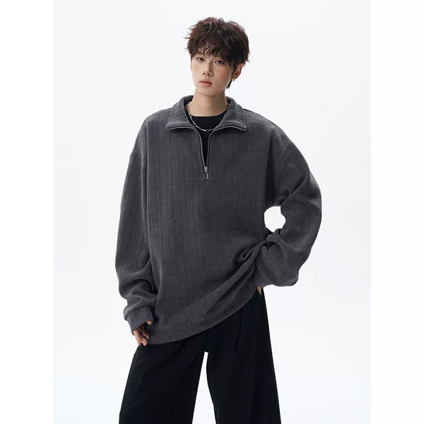 American-style retro wheat-ear pattern half-zip stand-up collar sweatshirt, men's new autumn collection, oversized, versatile casual top, trendy